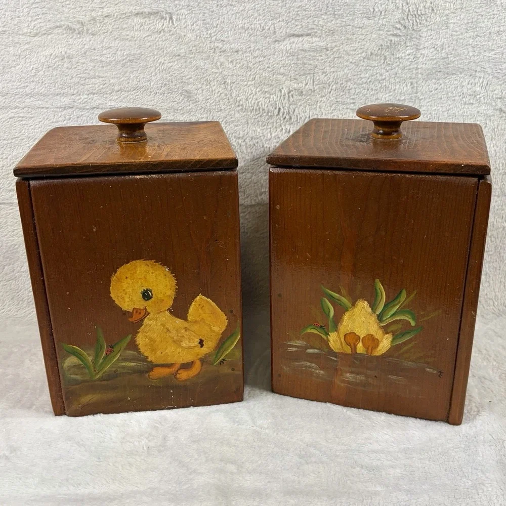 Vintage Hand Painted Wooden Duckling Trinket Boxes Pair Cottagecore Folk Art
